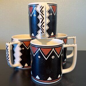 Set of 4 Vintage MIKASA Fashion Plate MOZAMBIQUE Pattern Tribal Art Ceramic Mugs